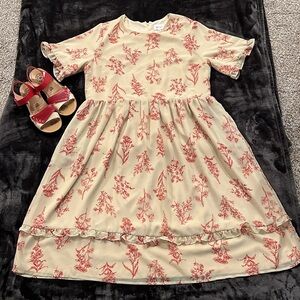 MCO Midi Short Sleeve Beige & Red Dress With Ruffle